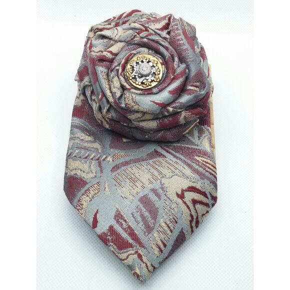 Vintage Silk Tie Brooch Pin Upcycled Wembley Hand Crafted Floral Button Jeweled - Picture 11 of 12